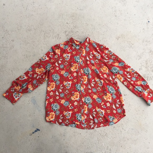 XL red flower print Loft button down - Picture 1 of 4